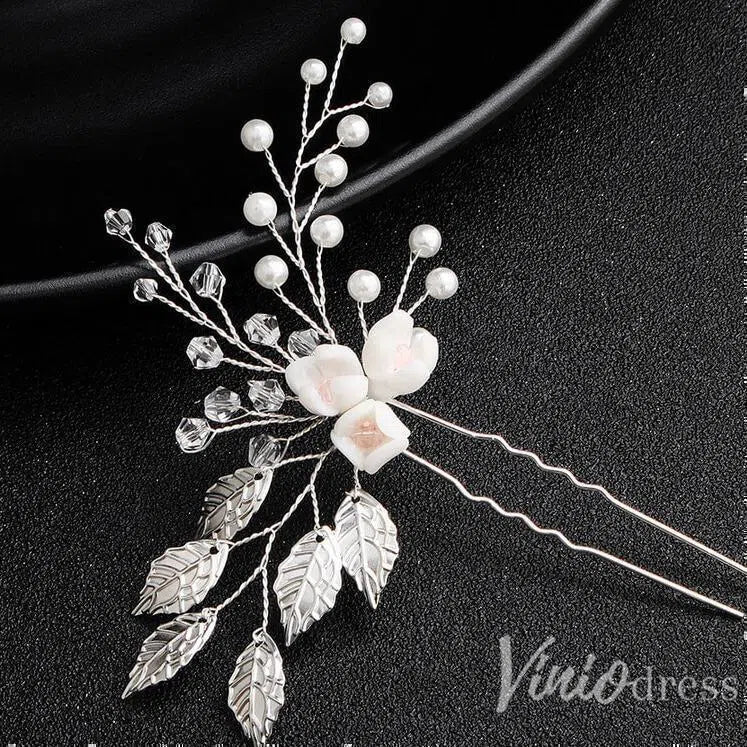Sprig Floral Silver Bridal Hairpin Pearl and Crystals AC1089-Headpieces 2025 -Viniodress-Silver-