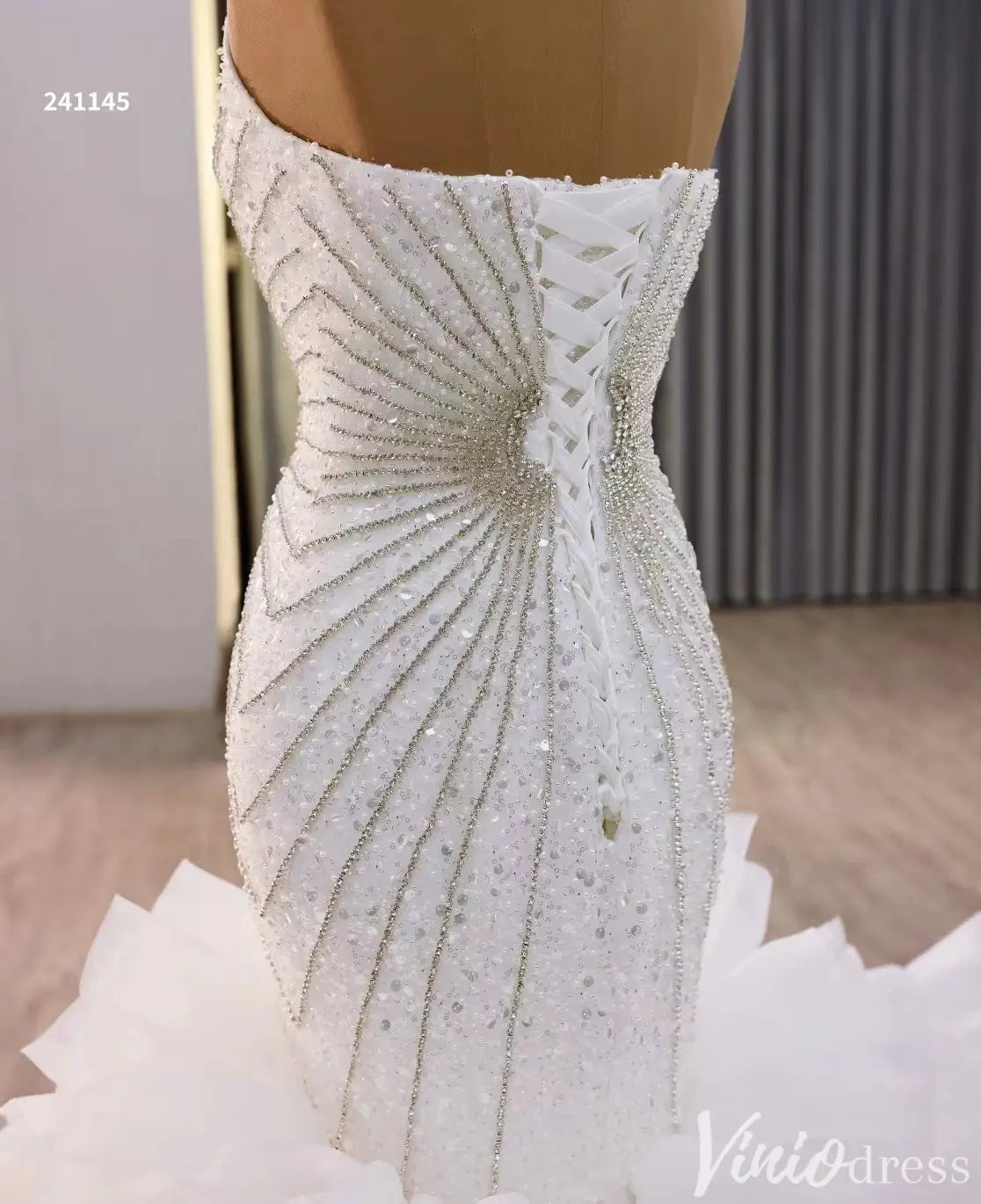 Strapless Beaded Mermaid Wedding Dress with Ruffled Train 241145-Quinceanera Dresses 2025 -Viniodress-White-Custom Size-