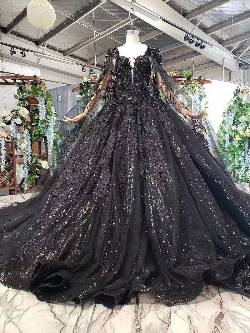 Strapless Black Lace Ball Gown Wedding Dresses with Long Cape FD1926 v –  Viniodress