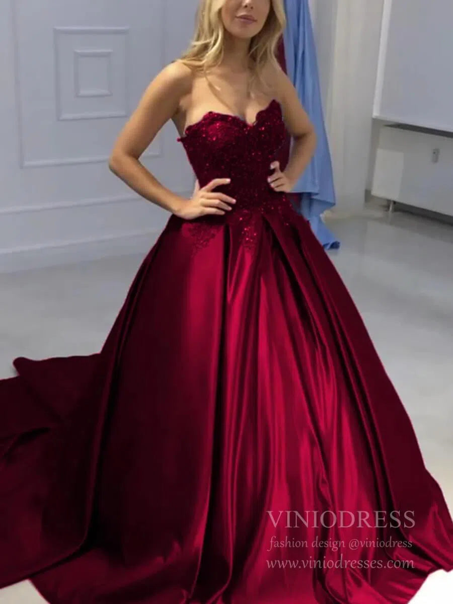 burgundy quinceanera dresses Strapless Burgundy Quinceanera Dresses Lace Appliqued Debut Ball Gowns – Viniodress