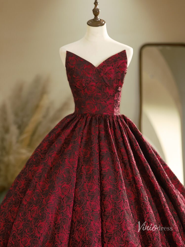 Strapless Burgundy Sweetheart Neck Prom Ball Gown Floral Jacquard Quinceanera Dresses BG019-prom dresses 2025 -Viniodress-Burgundy-Custom Size-