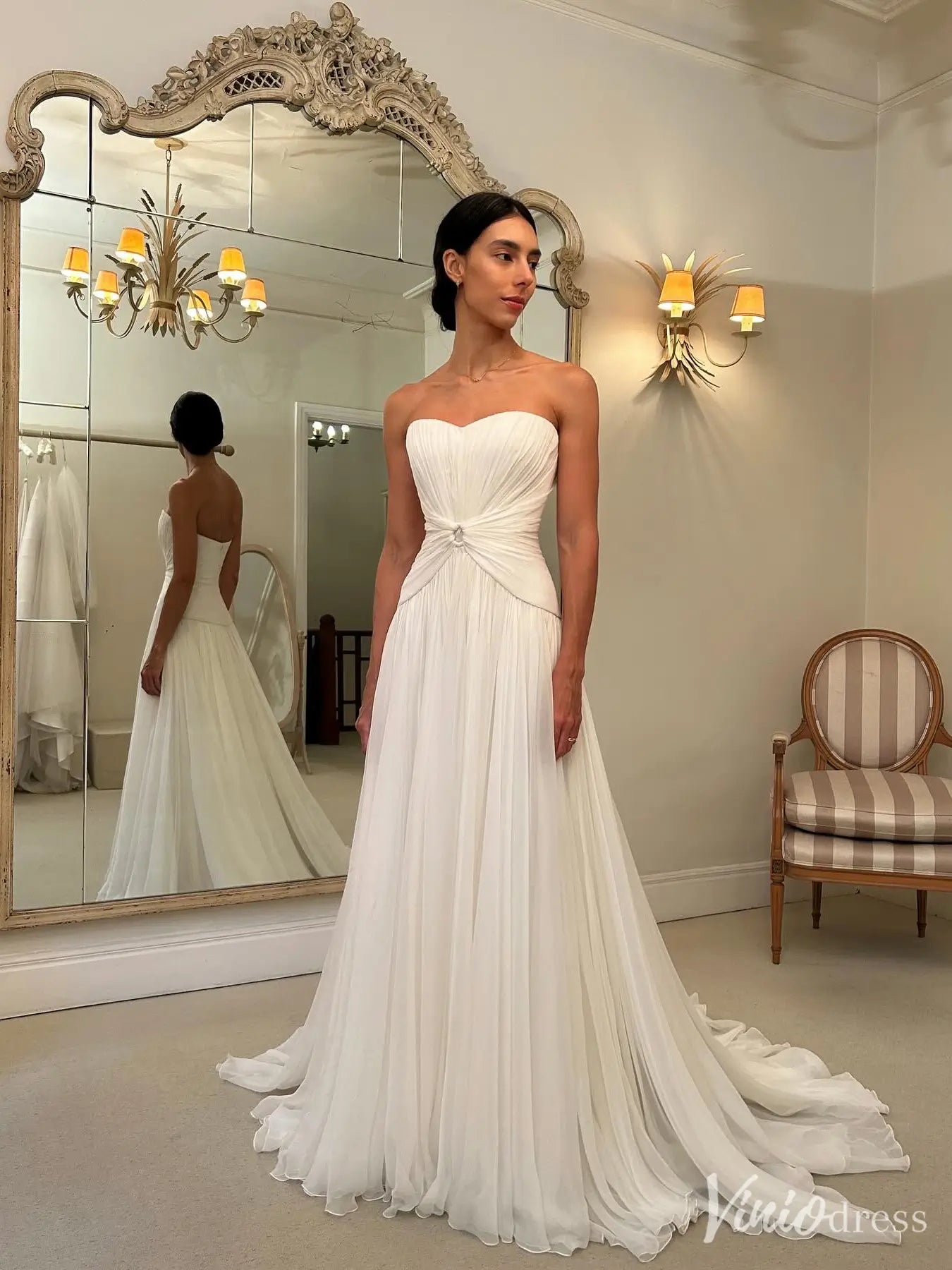Strapless Chiffon A-Line Wedding Dress with Sweetheart Neckline and Ruched Waist – VW2577-wedding dresses 2025 -Viniodress-Ivory-Custom Size-
