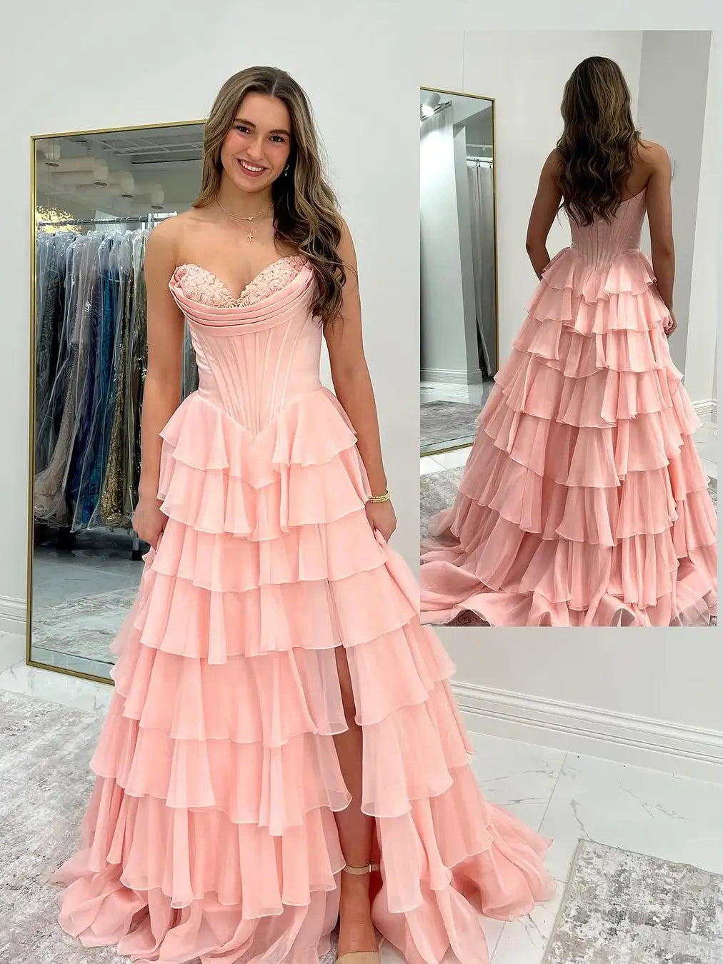 Strapless Chiffon Tiered Prom Dress with Slit & Lace Sweetheart Neckline – Style FD3732-prom dresses 2025 -Viniodress-Custom Colors-Custom Size-