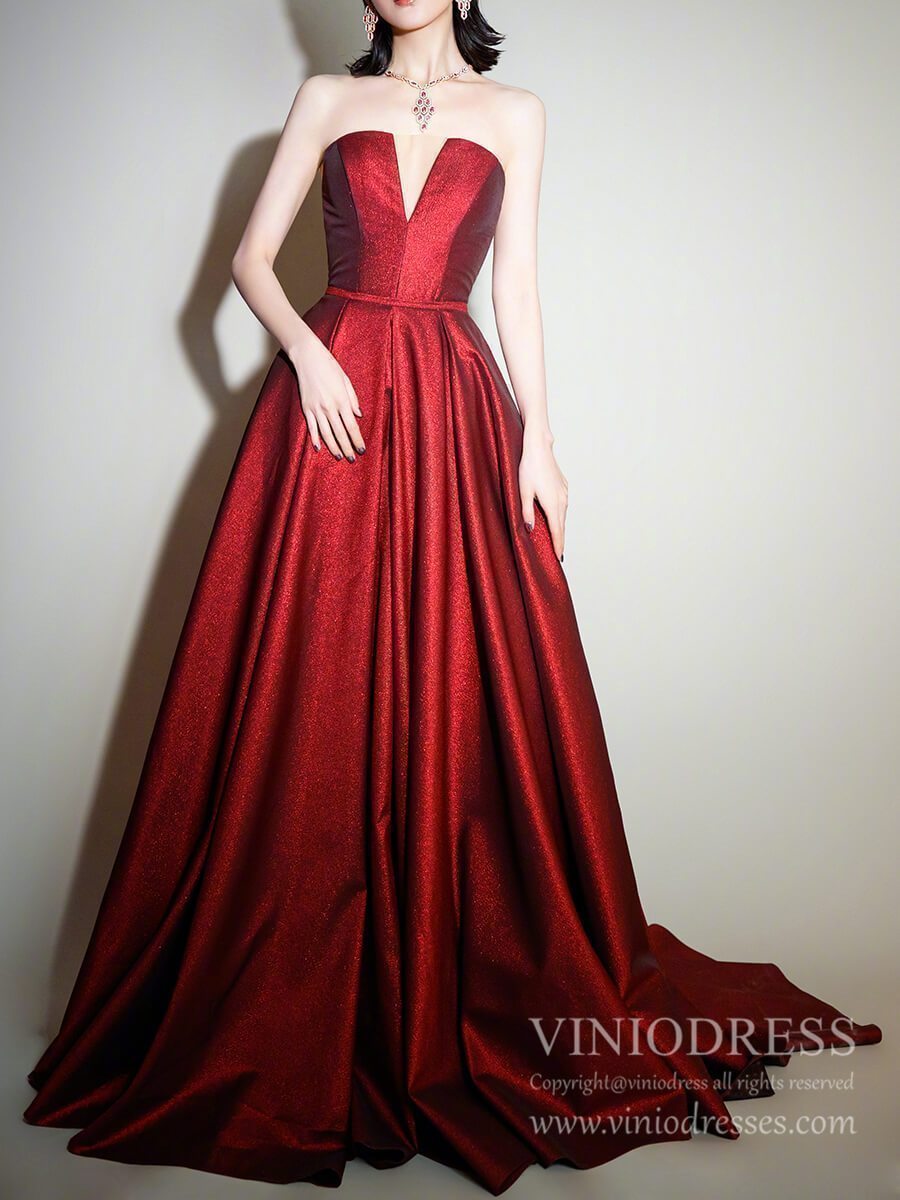 Strapless Dark Red Long Prom Dresses Sparkly A-line Evening Dress FD20 Viniodress Strapless Dark Red Long Prom Dresses Sparkly A-line Evening Dress FD20 Viniodress