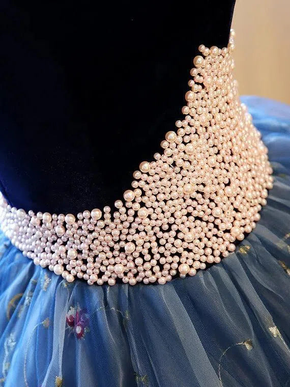 Strapless Floral Ball Gowns Blue Lace Prom Dresses FD1024 viniodress-prom dresses 2025 -Viniodress-Blue-Custom Size-