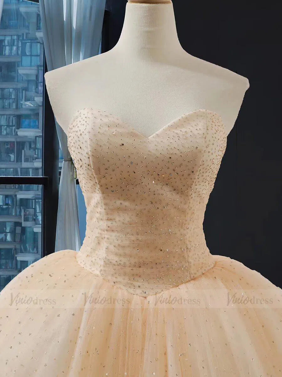 Strapless Gold Sparkly Ball Gown Princess Dresses FD1536 viniodress-prom dresses 2025 -Viniodress-Gold-Custom Size-