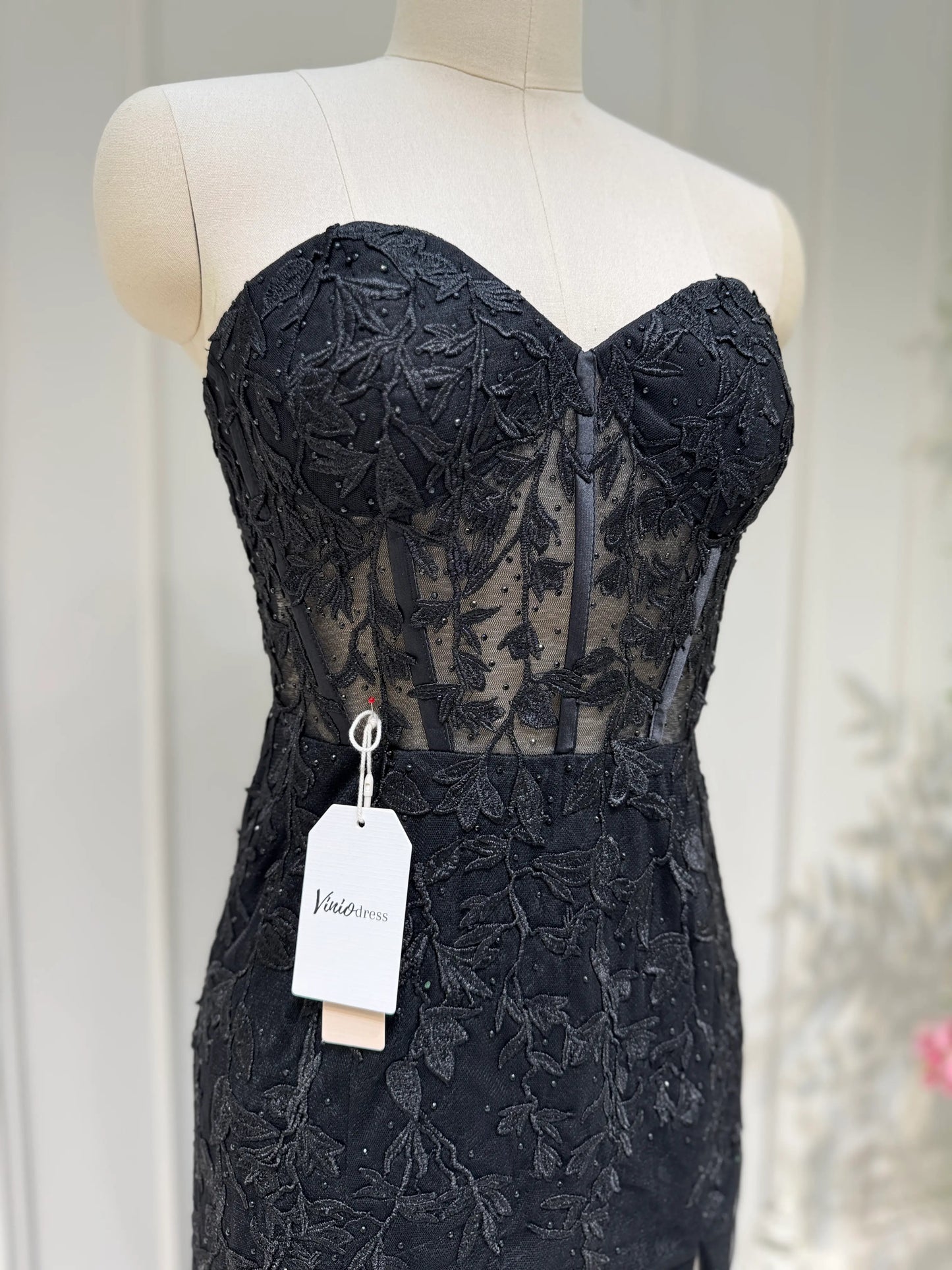 Strapless Lace Appliqued Mermaid Prom Dresses with Slit FD1250K-prom dresses 2025 -Viniodress-Black-Custom Size-