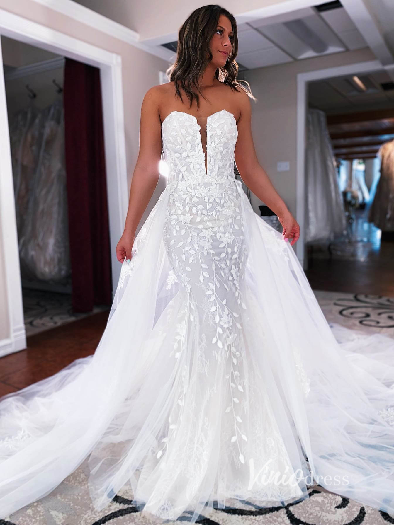 Strapless Lace Mermaid Wedding Dress with Detachable Overskirt VW2150 Viniodress Strapless Lace Mermaid Wedding Dress with Detachable Overskirt VW2150 Viniodress