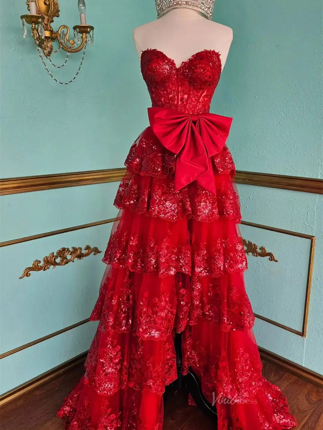 Strapless Lace Tiered Prom Dresses with Slit Sweetheart Neck Bow Tie Formal Dresses - FD3636f-prom dresses 2025 -Viniodress-Black-Custom Size-