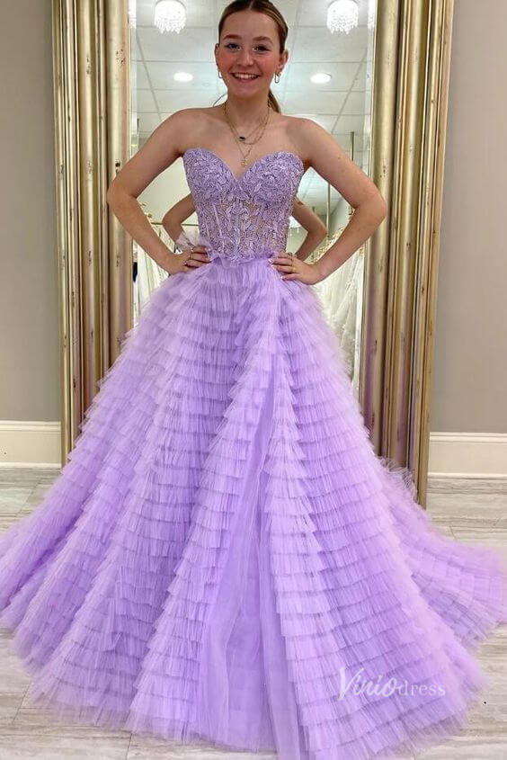 Strapless Lavender Ruffle Prom Dresses with Slit Lace Bodice FD1275-prom dresses 2025 -Viniodress-Lavender-Custom Size-