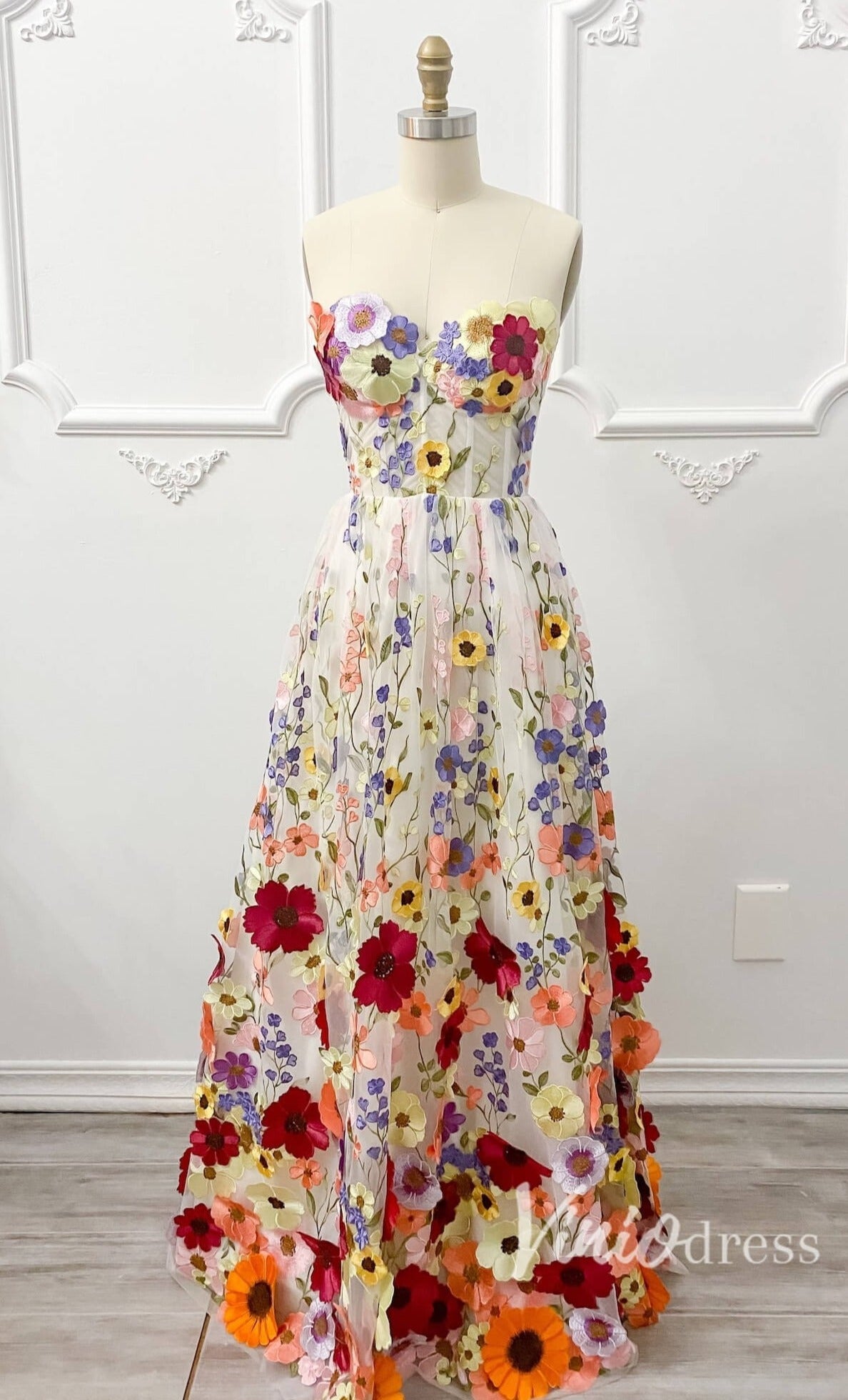 Strapless Multi-Color 3D Flower Prom Dress with Corset Back FD2900D Viniodress Strapless Multi-Color 3D Flower Prom Dress with Corset Back FD2900D Viniodress