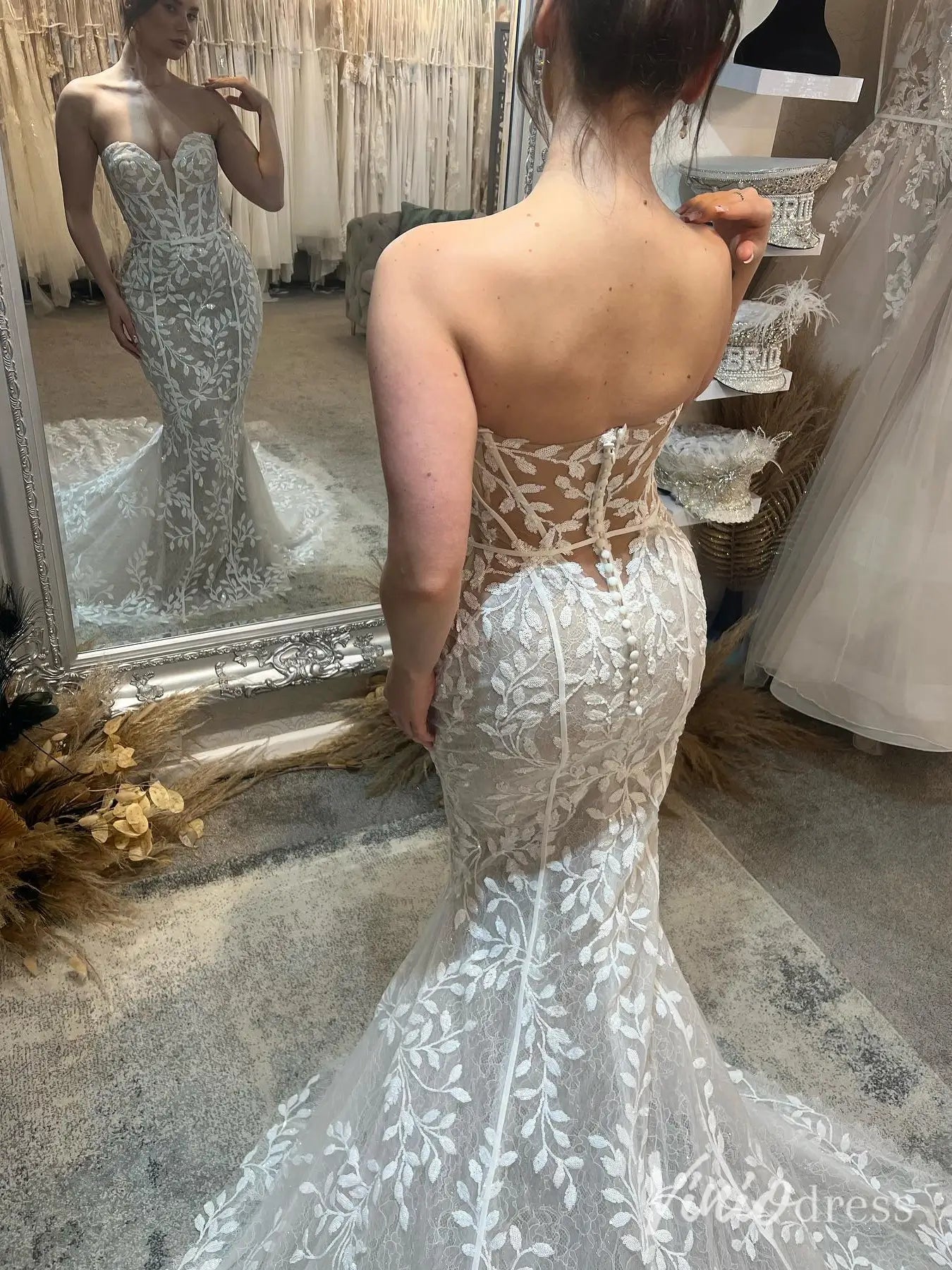 Strapless Nude Mermaid Wedding Dress with Sweetheart Neckline, Lace Appliqué & Chapel Train – ML113-wedding dresses 2025 -Viniodress-Nude-Custom Size-
