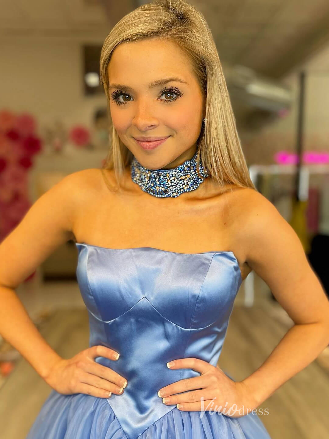 Strapless Organza Prom Dresses Satin Boidce Formal Gown with Necklace FD3999-prom dresses 2025 -Viniodress-Light Blue-Custom Size-