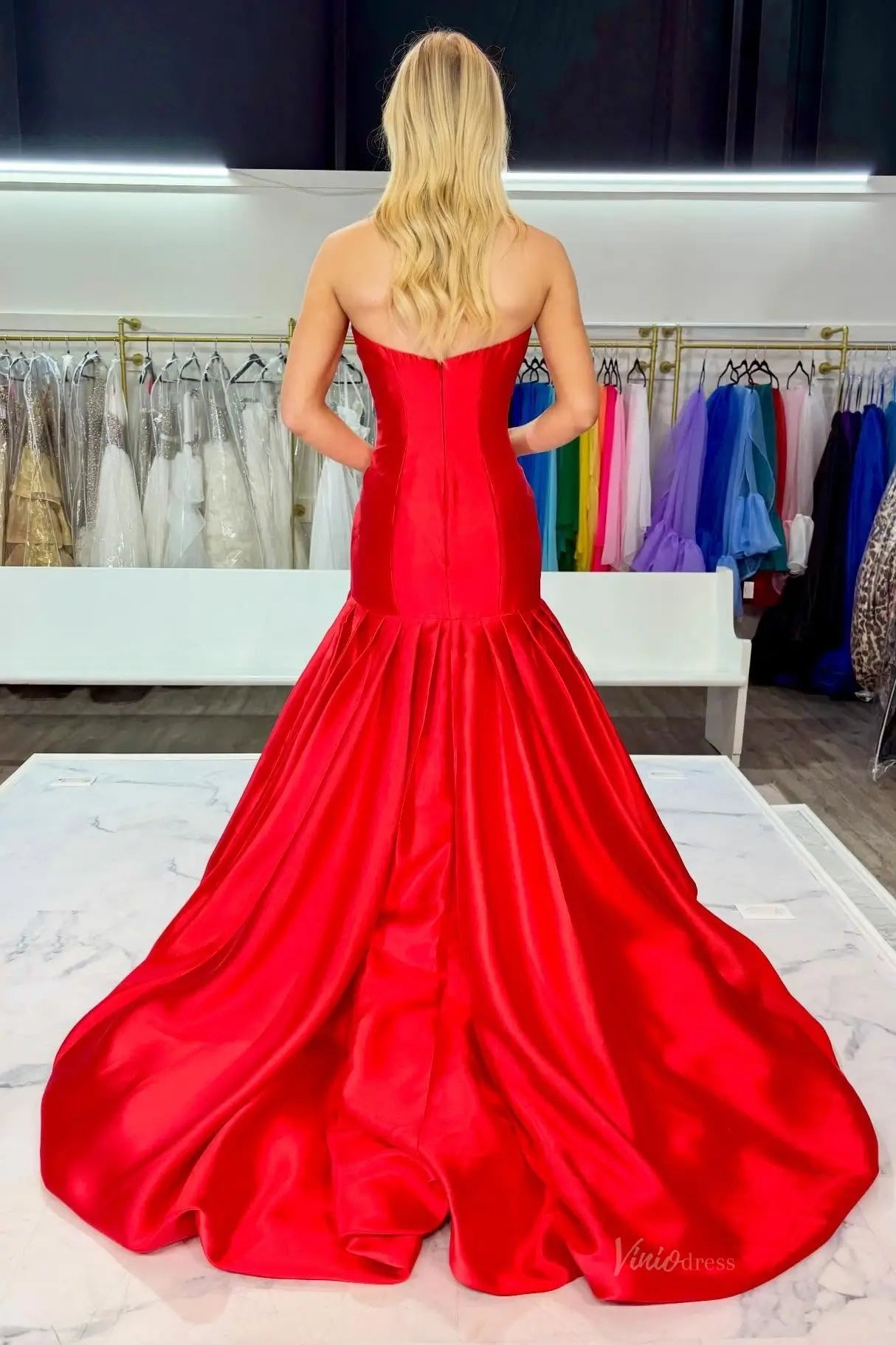 Strapless Pink Satin Mermaid Prom Dress with Dramatic Rosette Detail and Draped Bubble Skirt SS320-Evening Dresses 2026-Viniodress-Blush-Custom Size – Add Measurements in Cart-