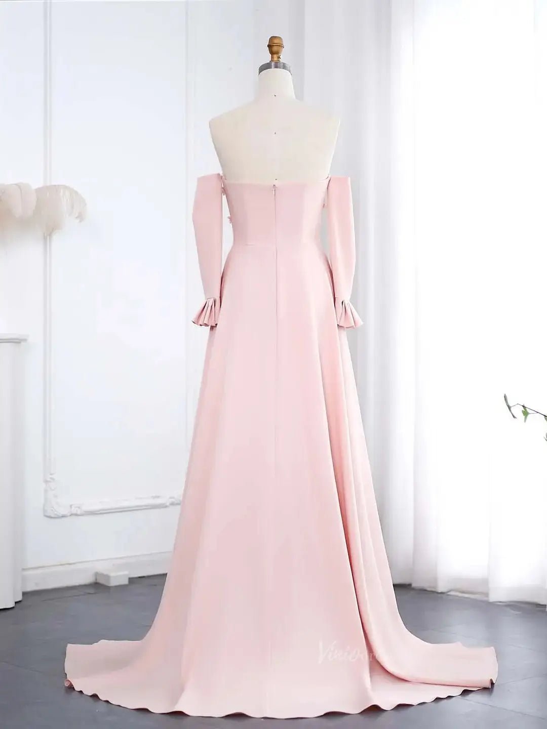 Strapless Pink Satin Prom Dresses Crystal Flower Formal Dresses with Sleeves BD014-Evening Dresses 2025 -Viniodress-Pink-US 2-