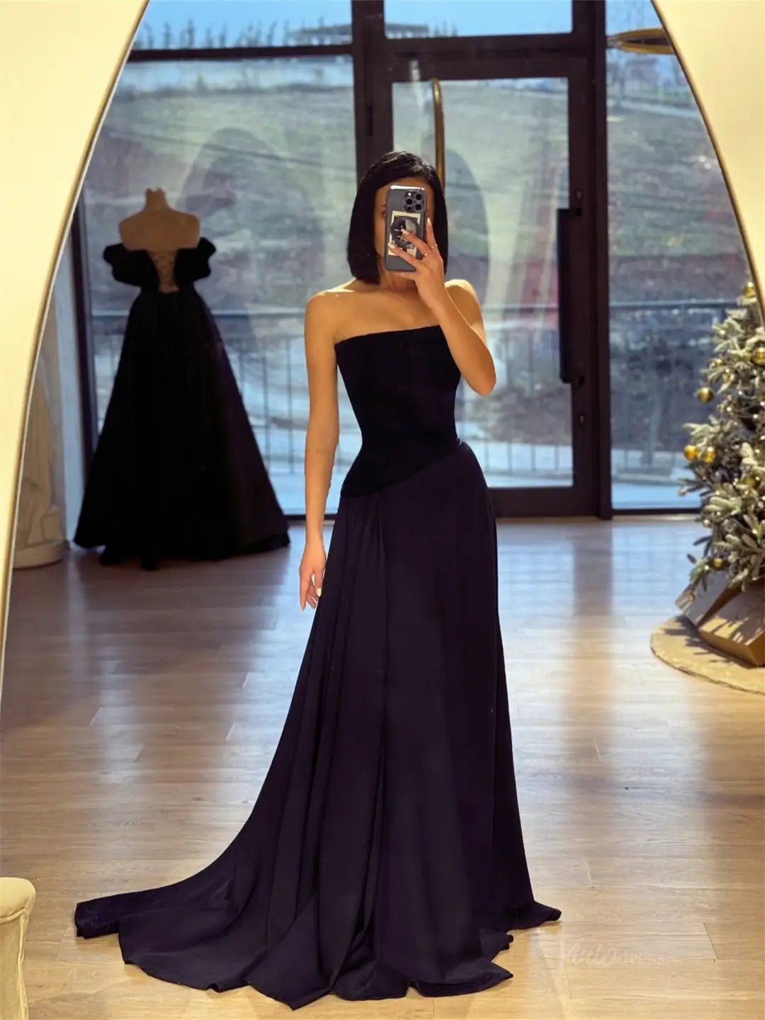 Strapless Prom Dresses 2025 with Black Velvet Bodice & Blue Satin Bott   Viniodress