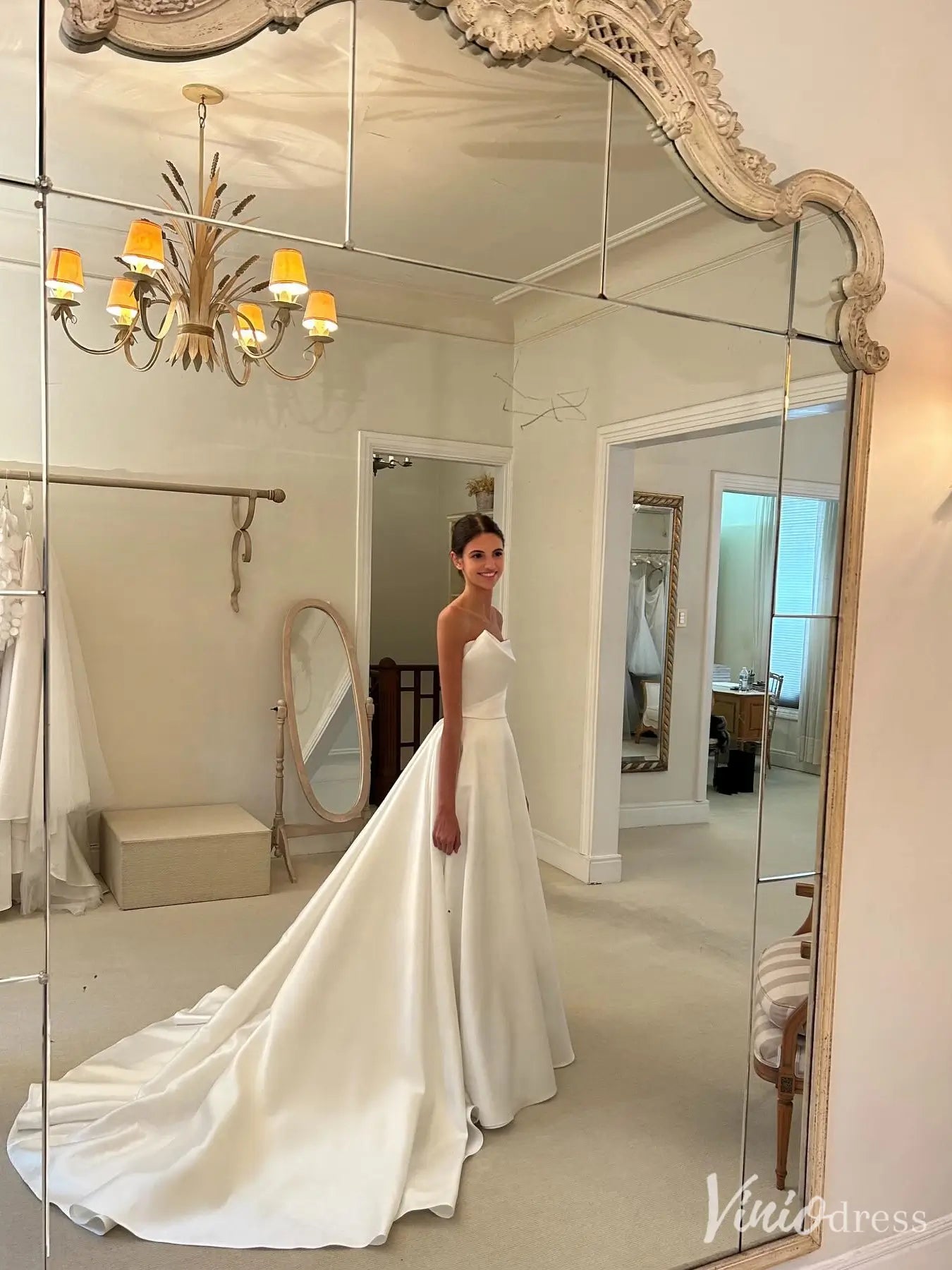 Strapless Satin A-Line Wedding Dress with Asymmetrical Neckline and Cathedral Train – VW2578-wedding dresses 2025 -Viniodress-Ivory-Custom Size-