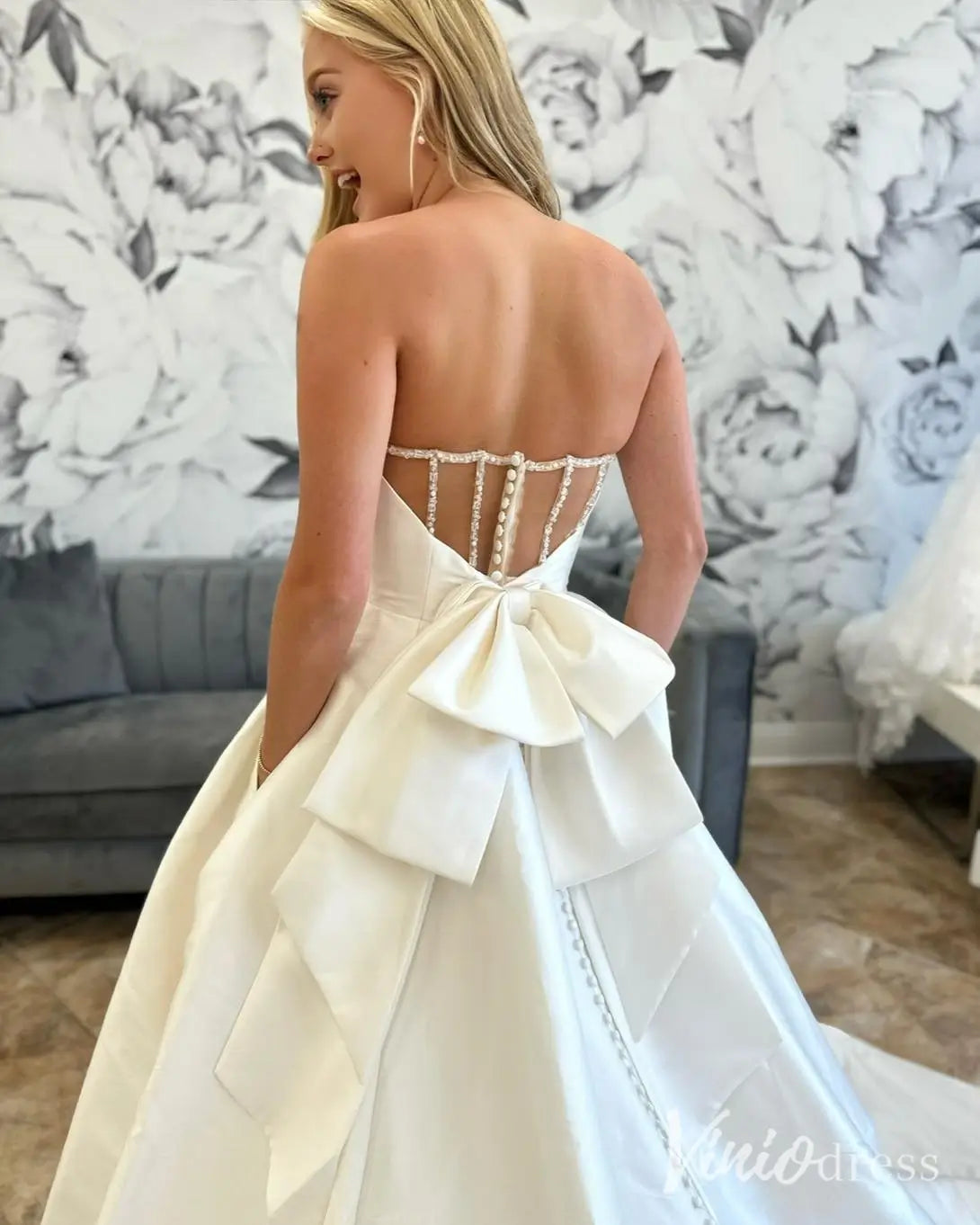 Strapless Satin Ball Gown Wedding Dress with Illusion Back, Pockets and Bow – MS111-wedding dresses 2025 -Viniodress-Ivory-Custom Size-