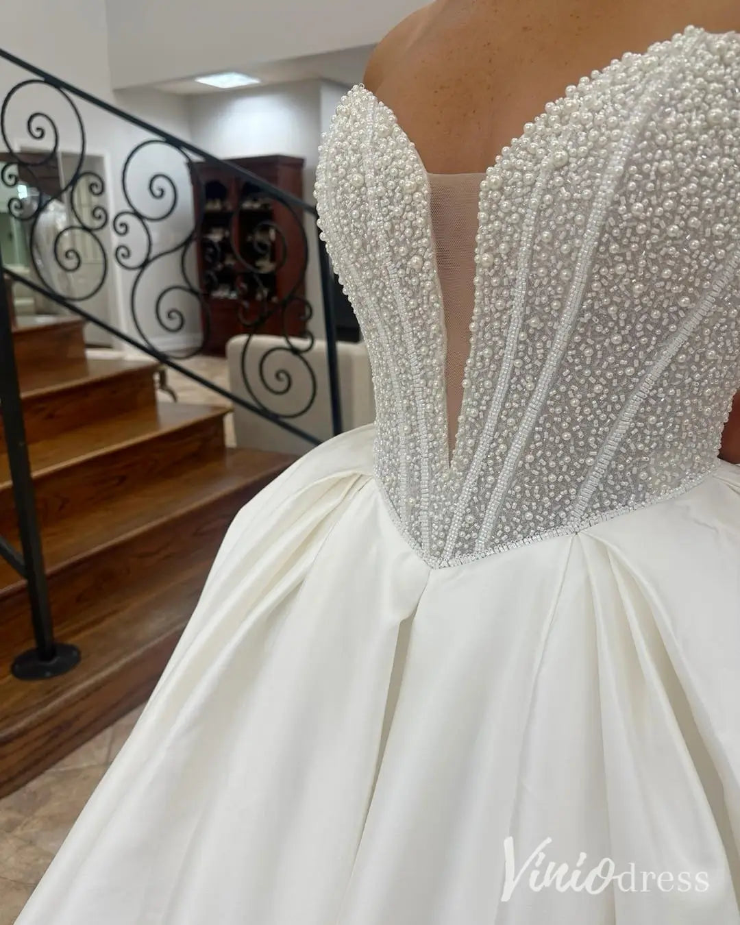 Strapless Satin Ball Gown Wedding Dress with Pearl Beaded Corset Bodice – MS101-wedding dresses 2025 -Viniodress-Ivory-Custom Size-