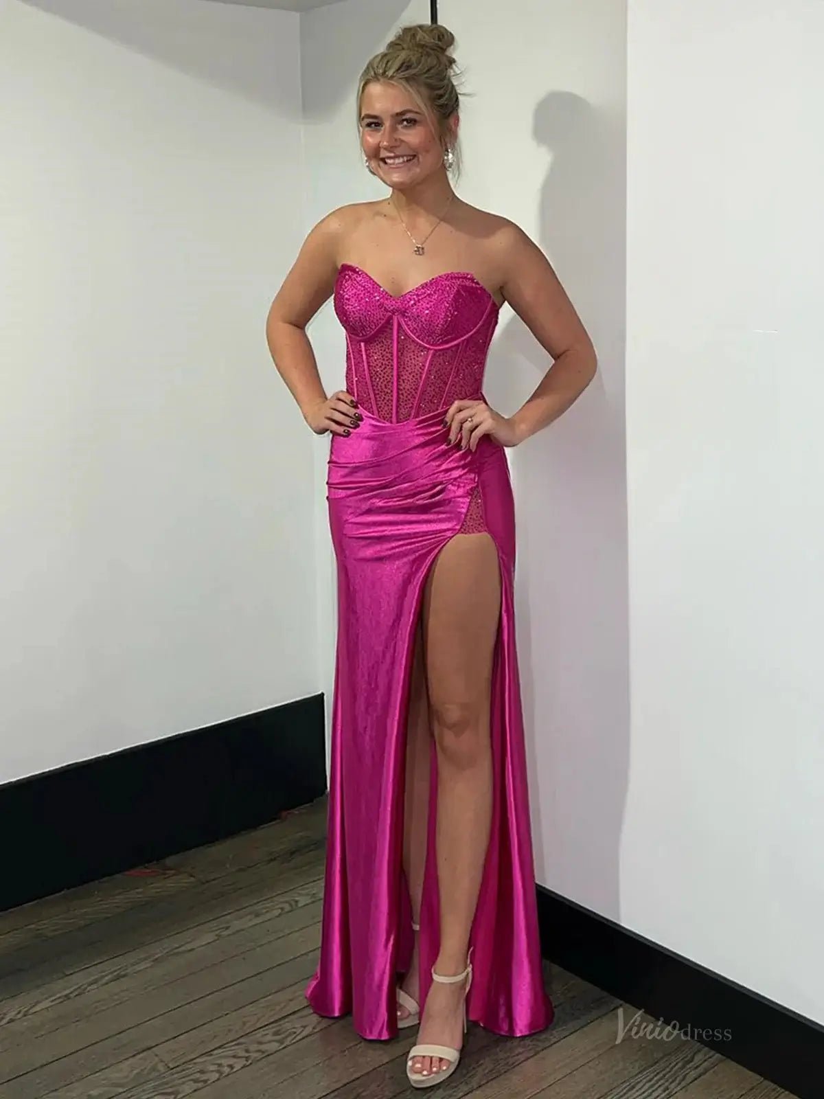 Strapless Satin Mermaid Prom Dresses 2025 with Slit, Sweetheart Neck & Beaded Boned Bodice – FD5050B-prom dresses 2025 -Viniodress-Fuchsia-Custom Size-
