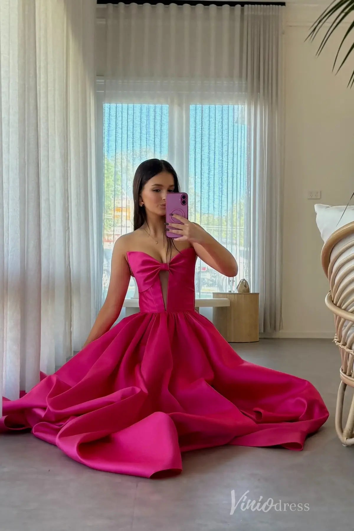 Strapless Satin Prom Dress with Bow Front, Plunging V-Cut and Pleated A-Line Skirt – AS040-prom dresses 2025 -Viniodress-Hot Pink-Custom Size-