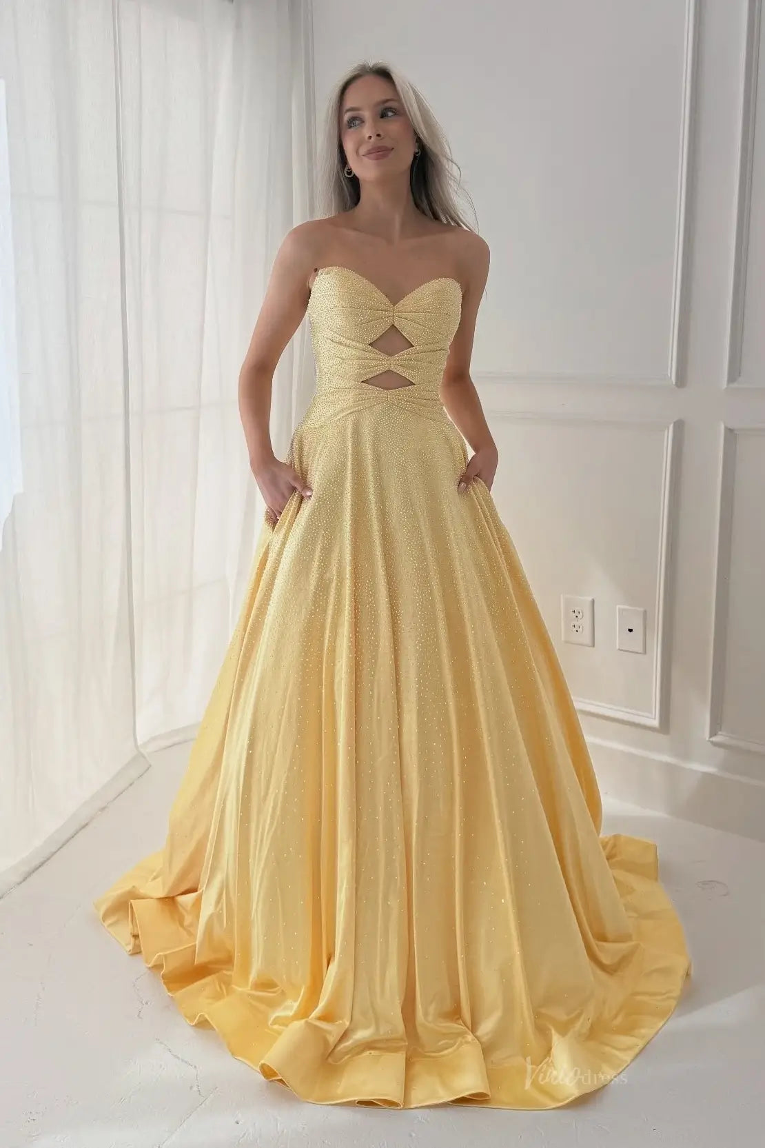 Strapless Glitter Ball Gown Prom Dress with Pockets & Cutout AS102 Viniodress Strapless Glitter Ball Gown Prom Dress with Pockets & Cutout AS102 Viniodress