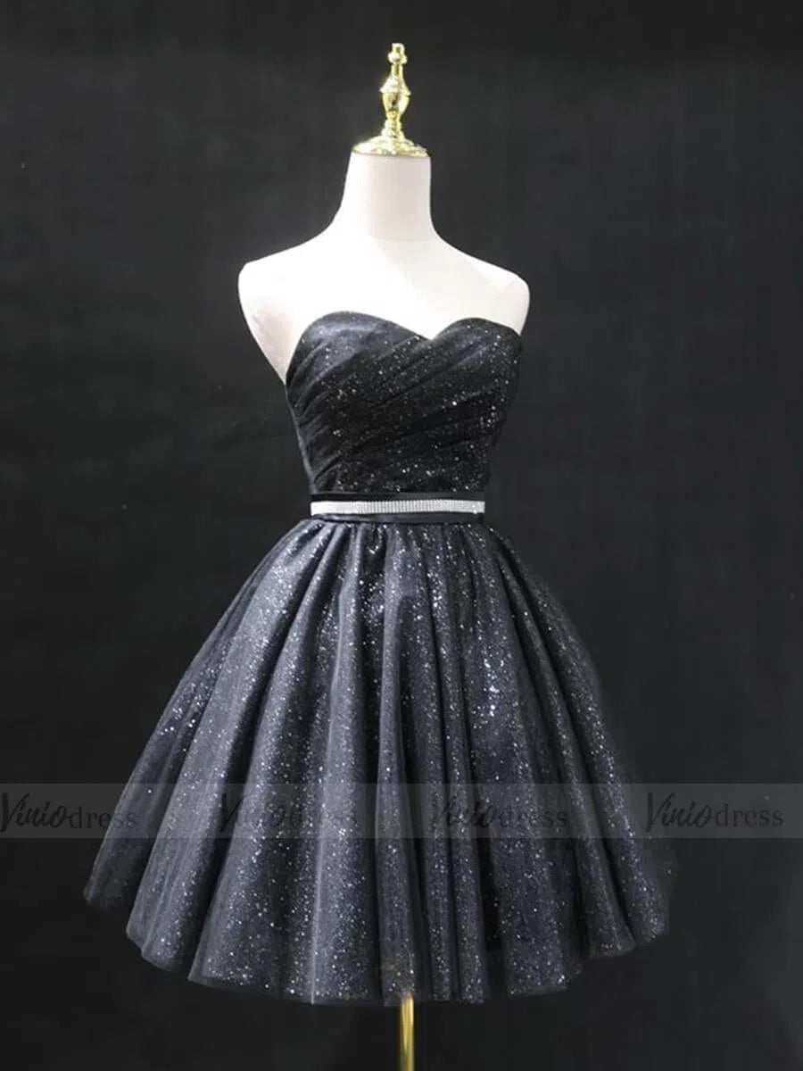 Strapless Sparkly Black Homecoming Dresses Cocktail Dress SD1220-Homecoming Dresses 2025 -Viniodress-Black-Custom Size-