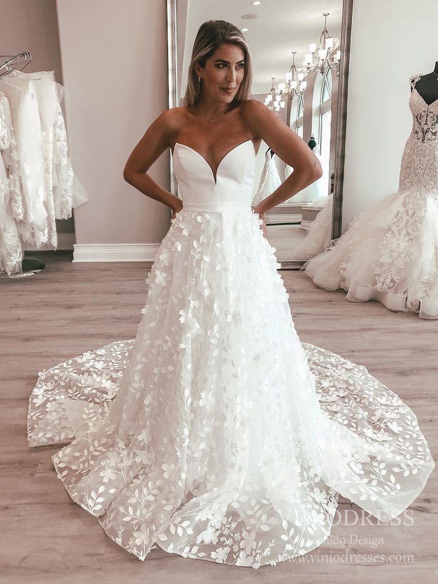 Strapless Sweetheart Floral Lace Rustic Wedding Dresses Chapel Train V –  Viniodress