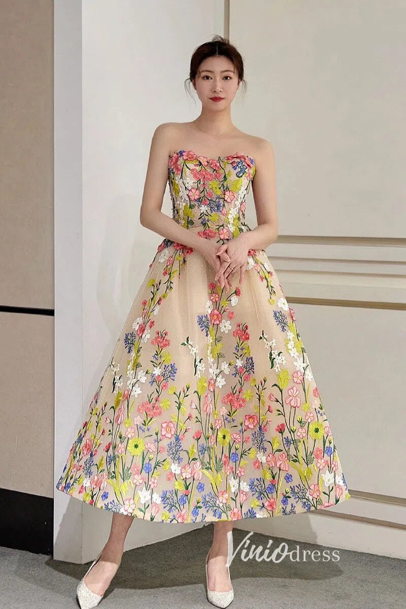 Strapless Tea Length Floral Prom Dresses with Crystals FD1353  Viniodress