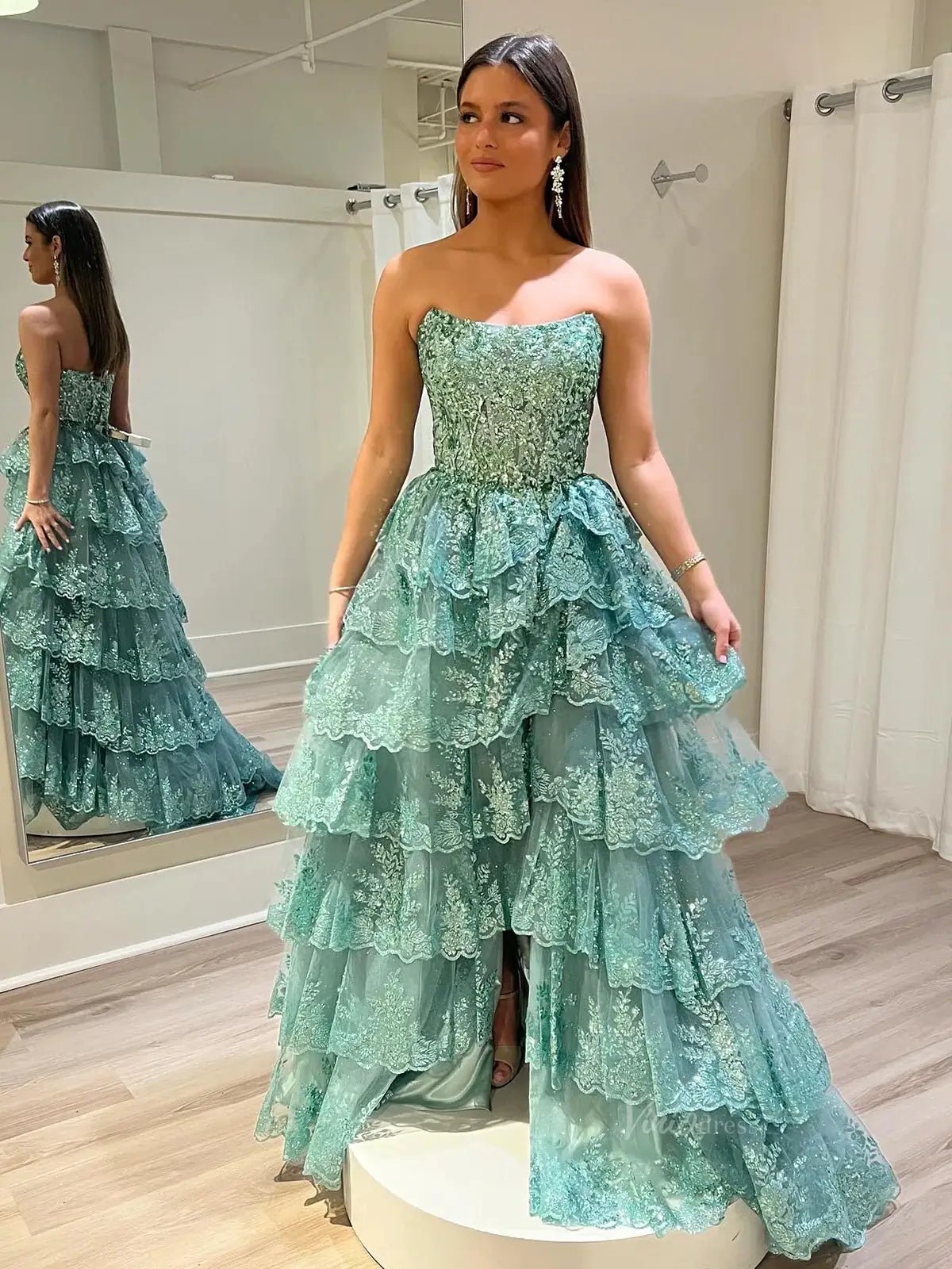 Strapless Tiered Prom Dresses with Slit Lace Applique Formal Dresses - FD3636s-prom dresses 2025 -Viniodress-Green-Custom Size-