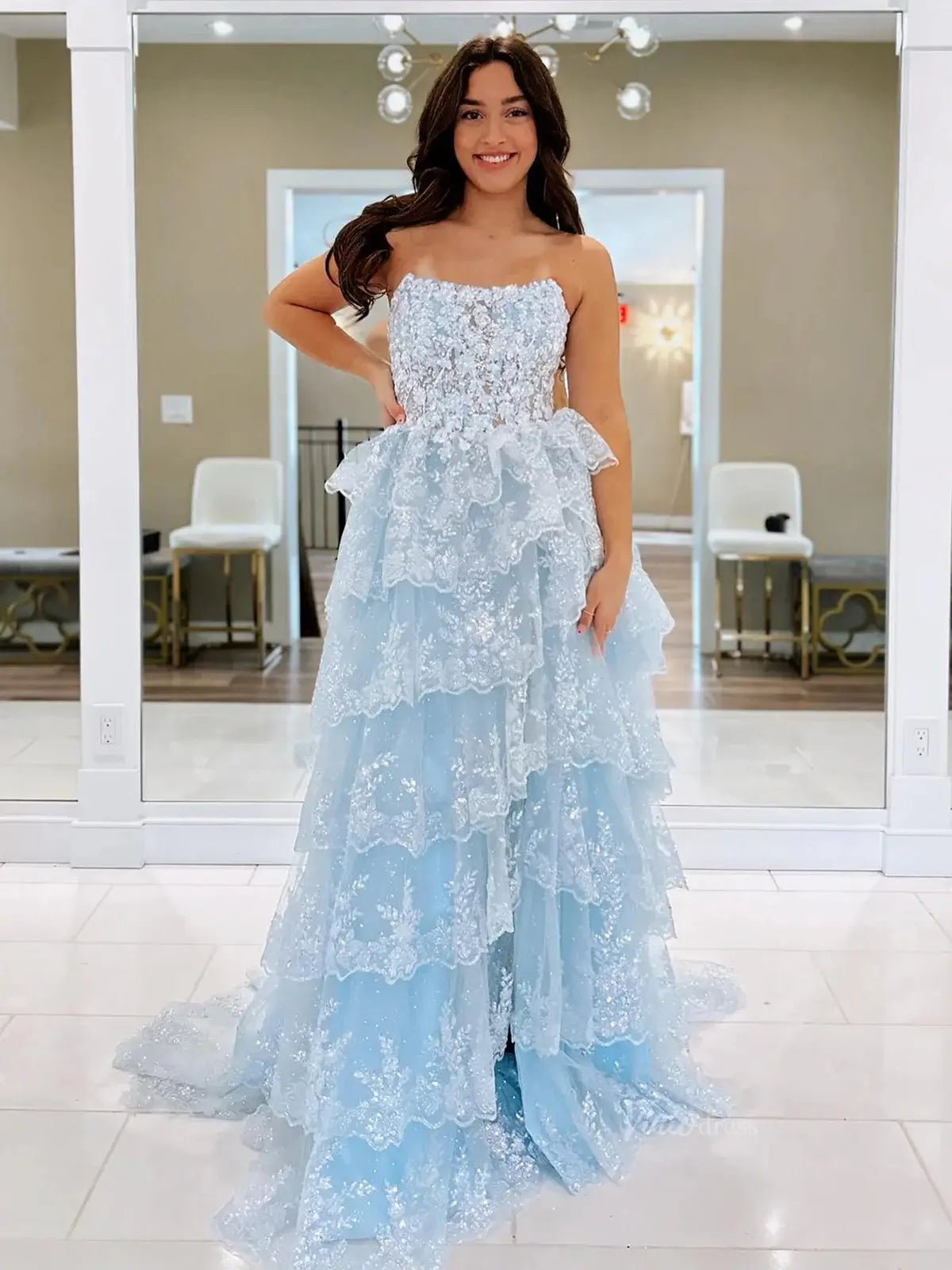 Strapless Tiered Prom Dresses with Slit Lace Applique Formal Dresses - Viniodress Strapless Tiered Prom Dresses with Slit Lace Applique Formal Dresses - Viniodress