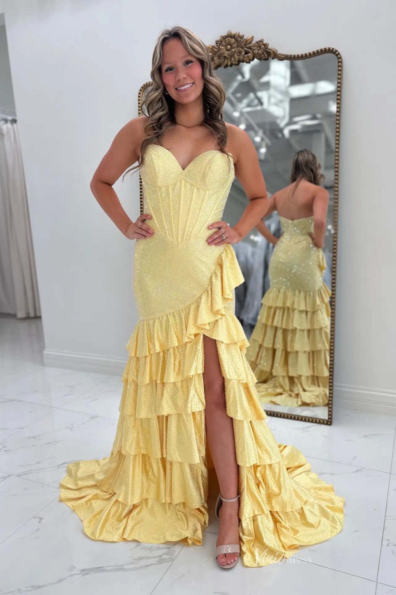 Strapless Yellow Prom Dresses with Corset Bodice Layered Ruffle Skirt Viniodress Strapless Yellow Prom Dresses with Corset Bodice Layered Ruffle Skirt Viniodress