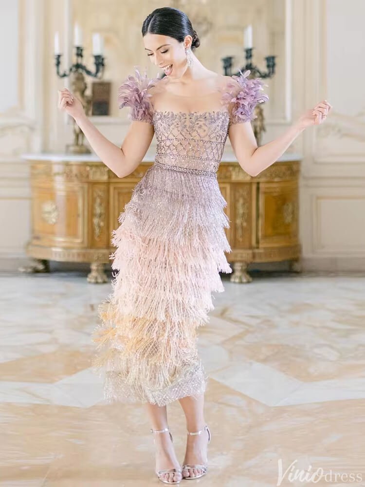 Tea Length Lavender 1920s Flapper Dresses Feather Wedding Guest Dress FD2474