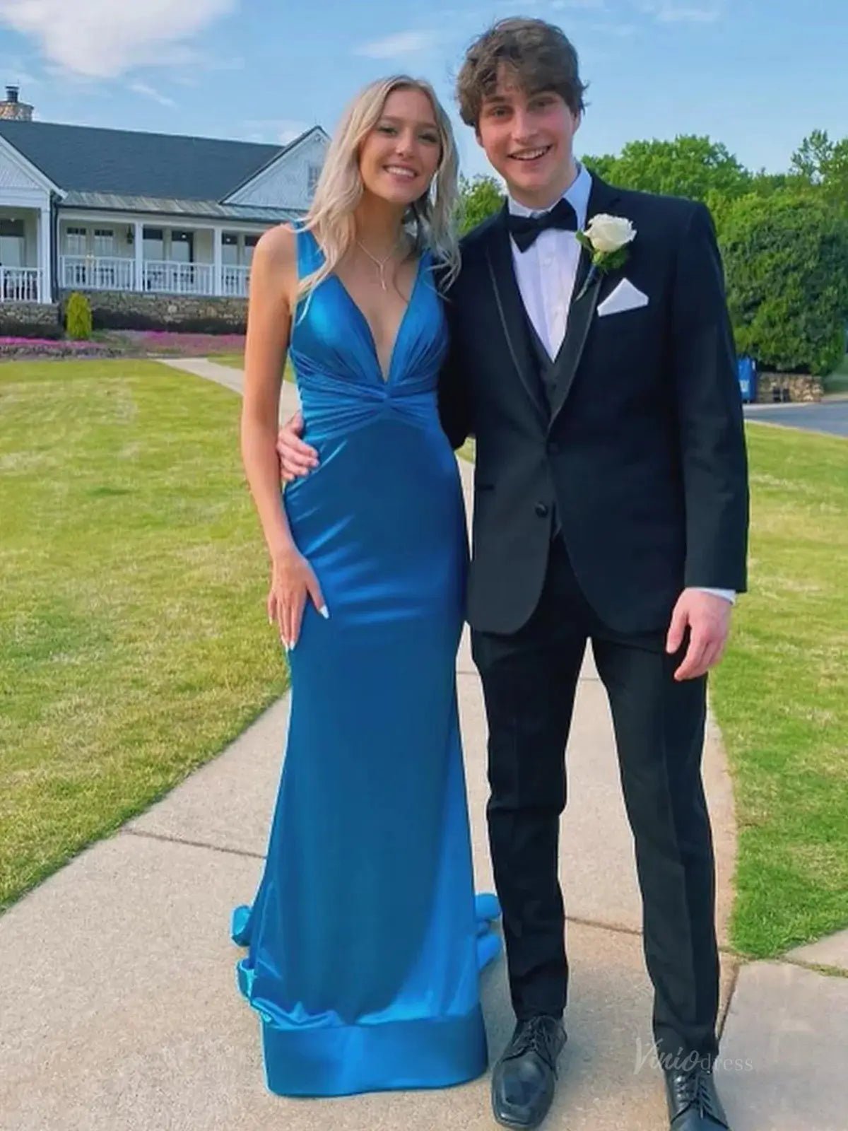 Teal Blue Satin Mermaid Prom Dresses 2025 with V-Neck & Pleated Bodice – FD5051-prom dresses 2025 -Viniodress-Blue-Custom Size-