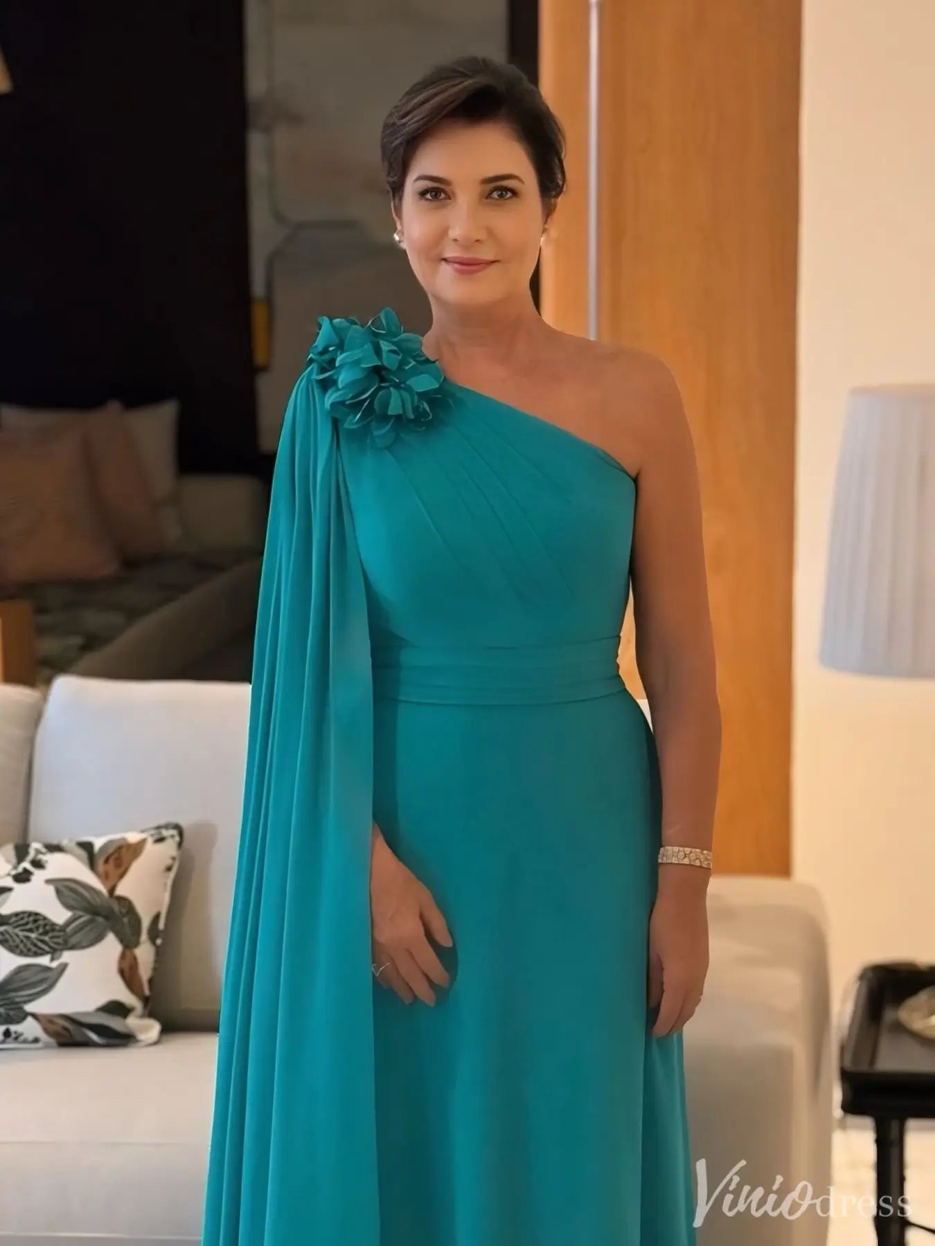 Teal One-Shoulder Evening Gown – Elegant Chiffon Dress with Floral Shoulder Detail | IS004-prom dresses 2025 -Viniodress-Teal-Custom Size-
