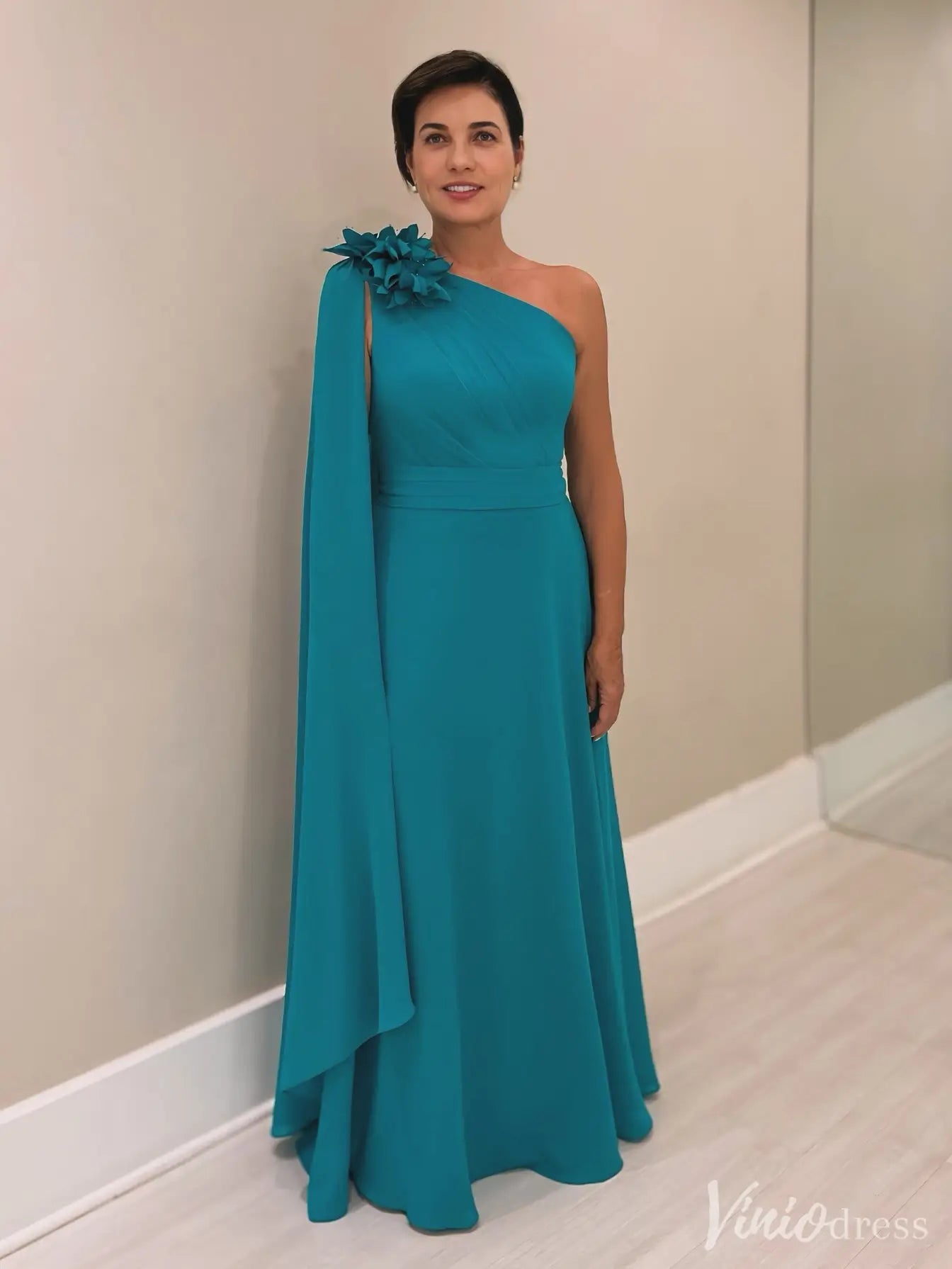 Teal One-Shoulder Evening Gown Elegant Chiffon Dress with Floral Sho Viniodress Teal One-Shoulder Evening Gown Elegant Chiffon Dress with Floral Sho Viniodress