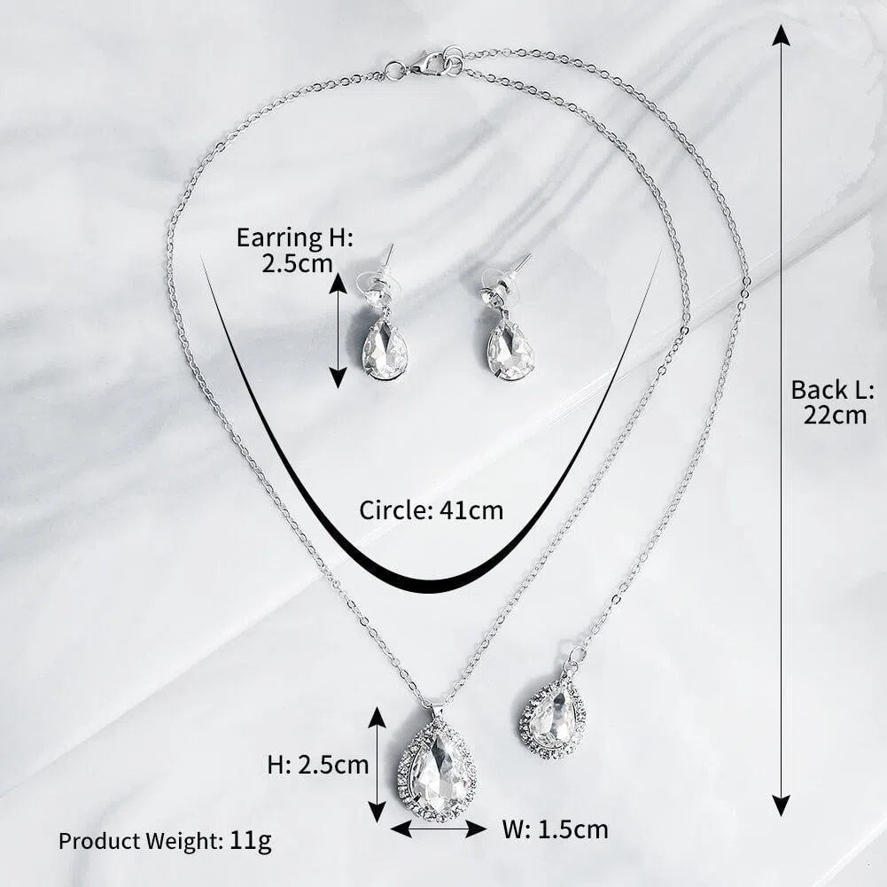 Teardrop Stone Backdrop Necklace & Earrings Set Viniodress AC1072-Bridal Jewelry 2025 -Viniodress-Silver-