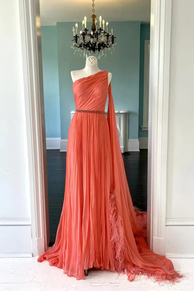 Terracotta One-Shoulder Pageant Gown with Pleated Tulle Skirt and Feather-Trimmed Cape – PG008-prom dresses 2025 -Viniodress-Terracotta-Custom Size-