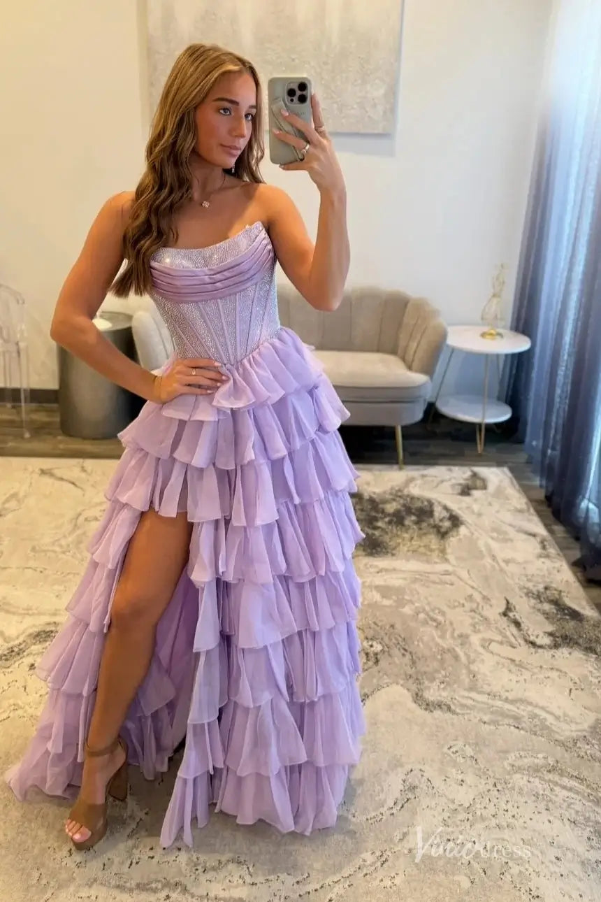 Tiered Ruffle Corset Prom Dress with High Slit – RF319 – Viniodress