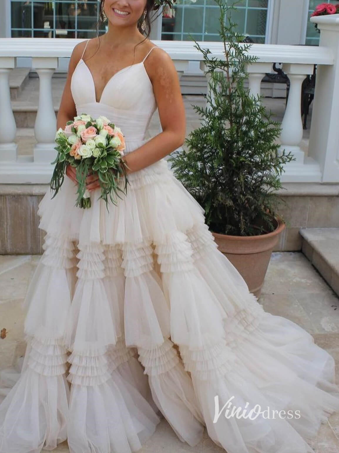 Tiered Ruffle Tulle Prom Dresses FD2993B no slit version Viniodress Tiered Ruffle Tulle Prom Dresses FD2993B no slit version Viniodress