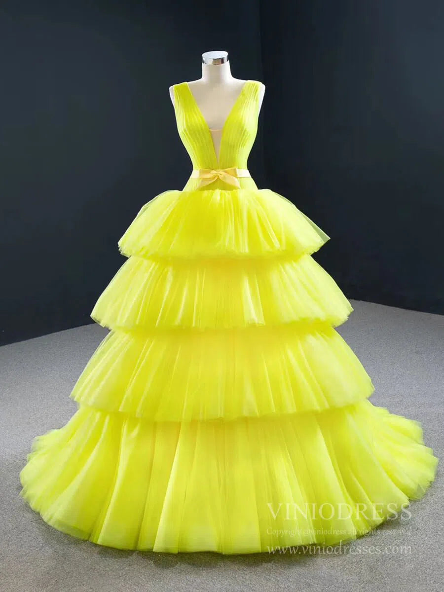 Tiered Yellow Sweet 15 Dress Simple Tulle Quinceanera Dresses 67154 –  Viniodress