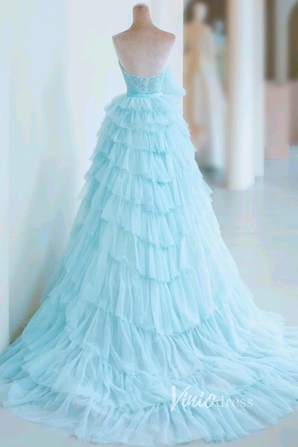Tiffany Blue Beaded Prom Dresses Removable Ruffled Skirt Formal Gown FD3431-prom dresses 2025 -Viniodress-Light Blue-Custom Size-