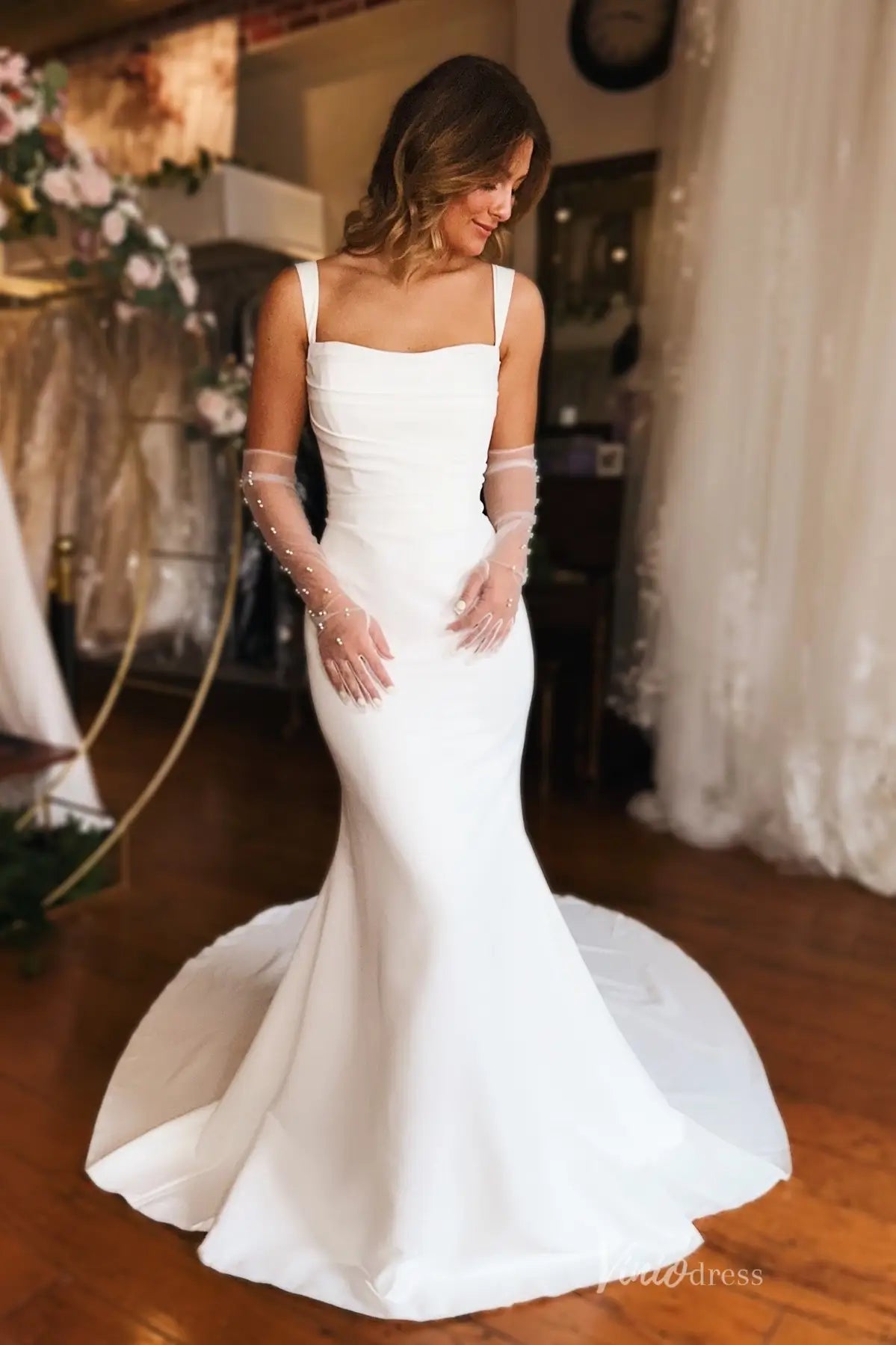 Timeless Ivory Crepe Fit-and-Flare Wedding Dress with Straight Neckline, Wide Straps & Chapel Train – MN141