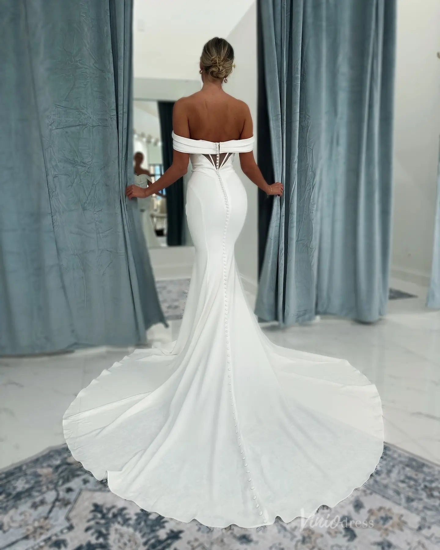 Timeless Off-Shoulder Satin Mermaid Wedding Dress with Folded Neckline & Button Train – MN138-wedding dresses 2025 -Viniodress-Ivory-Custom Size-