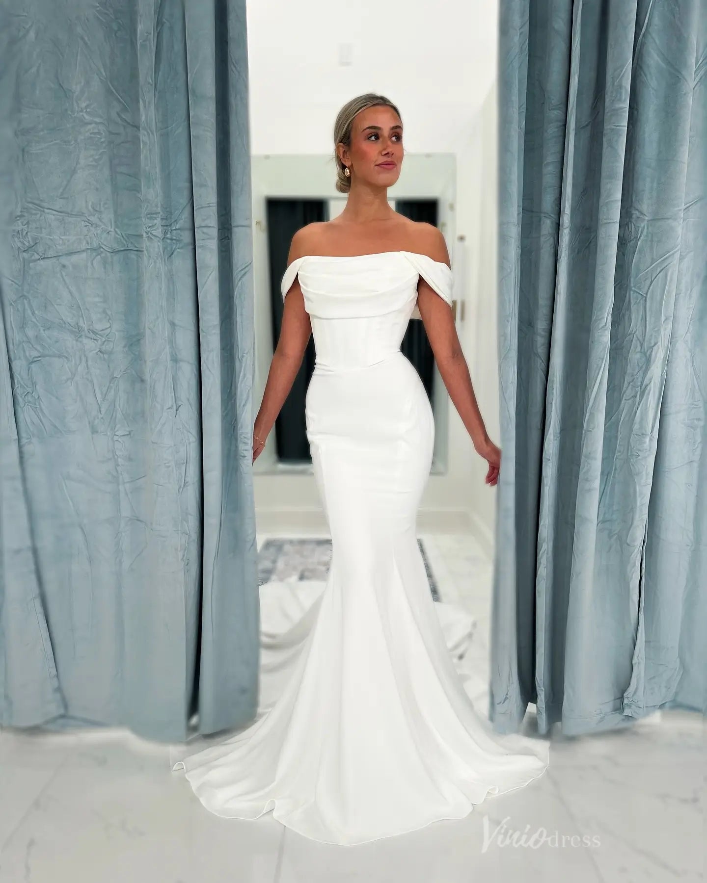 Timeless Off-Shoulder Satin Mermaid Wedding Dress with Button Train MN138 –  Viniodress