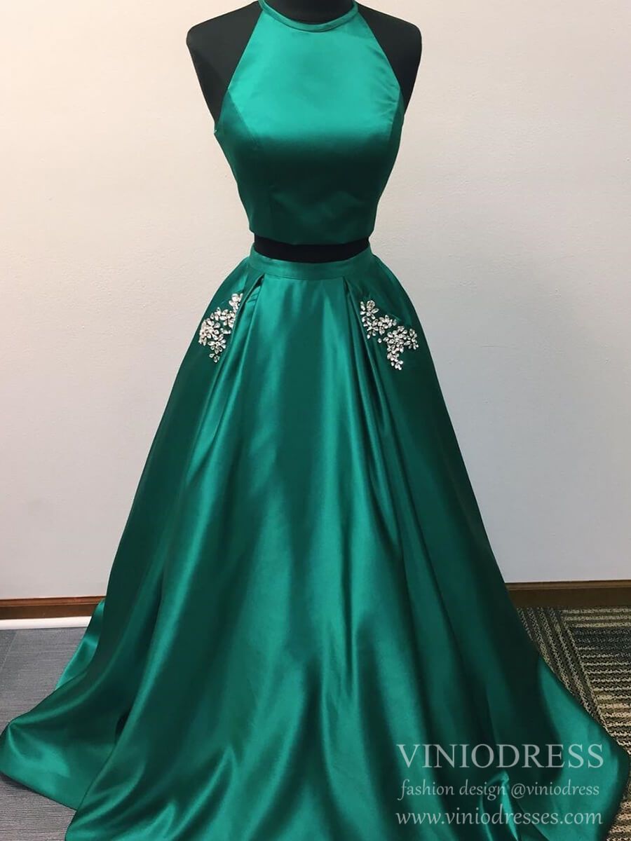 Two Piece Dark Green Satin Prom Dresses with Beaded Pockets FD2011-prom dresses 2025 -Viniodress-Green-Custom Size-