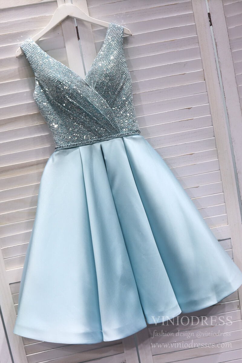 V-neck Baby Blue Homecoming Dresses with Pockets SD1400 – Viniodress