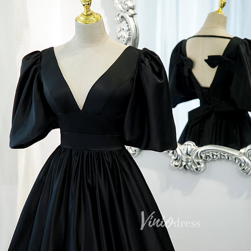 V-neck Black Long Prom Dress with Bow in Back Puff Sleeve Formal Dresses-prom dresses 2025 -Viniodress-Black-Custom Size-