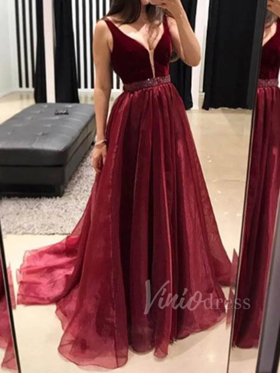 V Neck Burgundy Long Prom Dresses Online FD1608-prom dresses 2025 -Viniodress-Burgundy-Custom Size-