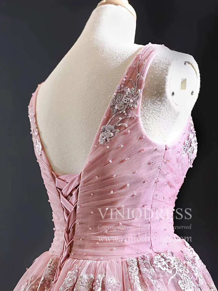 V Neck Dusty Rose Prom Dresses Beaded Lace Ball Gowns FD1769-prom dresses 2025 -Viniodress-As Picture-Custom Size-